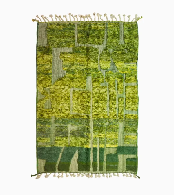 top view of Hand-knotted Moroccan rug with sculpted high-pile texture, variegated green tones, and dual-pattern design with tassels
