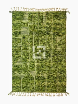 top view of Handcrafted Moroccan shaggy rug with green sculpted design, central square motif, and tassels