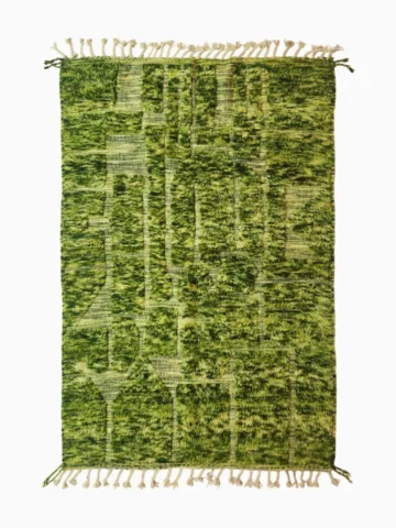 top view of Handcrafted Moroccan shaggy rug with green sculpted design, central square motif, and tassels