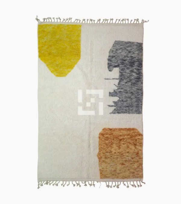 top view of Hand-knotted Moroccan wool rug with abstract color-block design in yellow, charcoal, and terracotta on a cream background