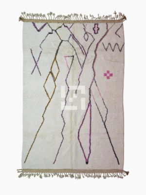 top view of Handmade minimalist Moroccan wool rug with colorful abstract lines on a high pile