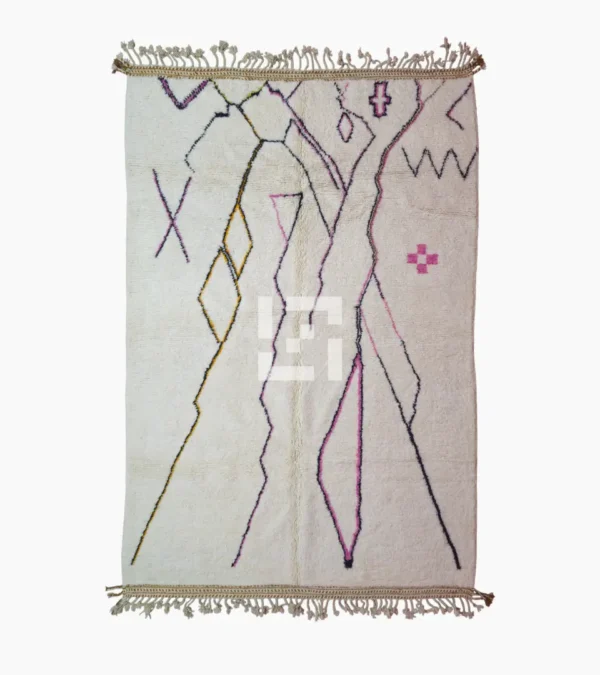 top view of Handmade minimalist Moroccan wool rug with colorful abstract lines on a high pile