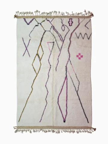 top view of Handmade minimalist Moroccan wool rug with colorful abstract lines on a high pile
