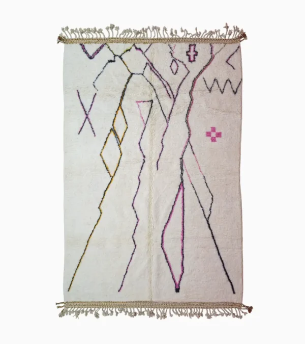 top view of Handmade minimalist Moroccan wool rug with colorful abstract lines on a high pile