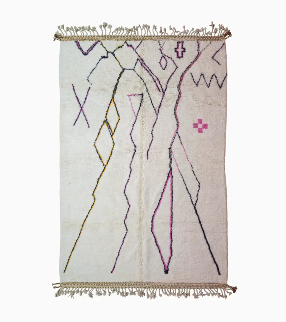 top view of Handmade minimalist Moroccan wool rug with colorful abstract lines on a high pile