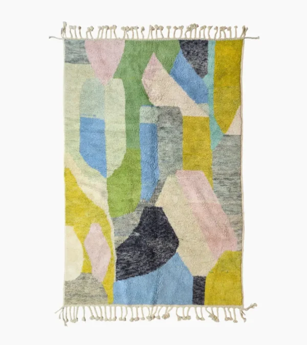Top View of Liora handmade Beni Ourain wool rug with a vibrant abstract design in green, blue, yellow, and pink