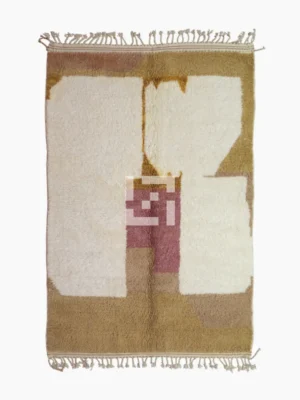top view of Mauve Accent Abstract Moroccan Rug with camel, off-white, and mauve color blocks