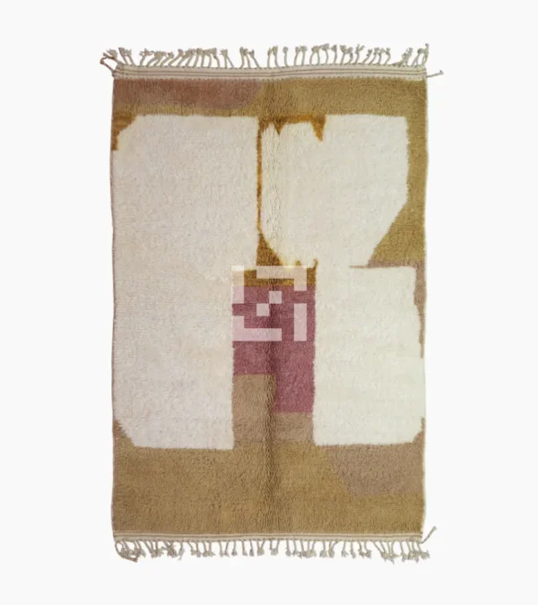 top view of Mauve Accent Abstract Moroccan Rug with camel, off-white, and mauve color blocks