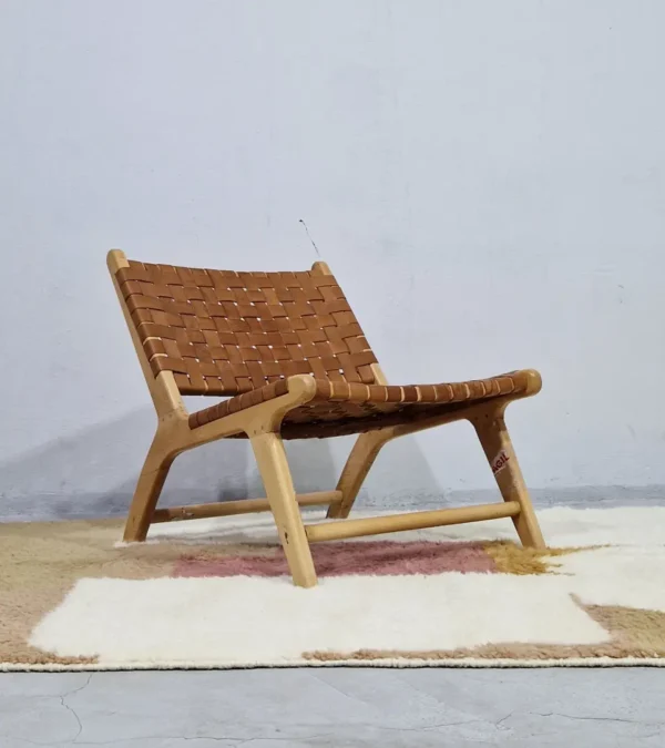 Mauve Accent Abstract Moroccan Rug with camel, off-white, and mauve color blocks in room