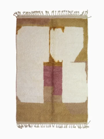 top view of Mauve Accent Abstract Moroccan Rug with camel, off-white, and mauve color blocks