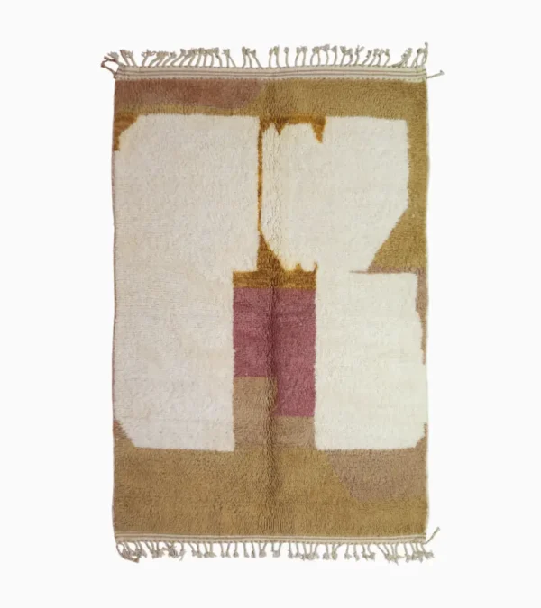 top view of Mauve Accent Abstract Moroccan Rug with camel, off-white, and mauve color blocks