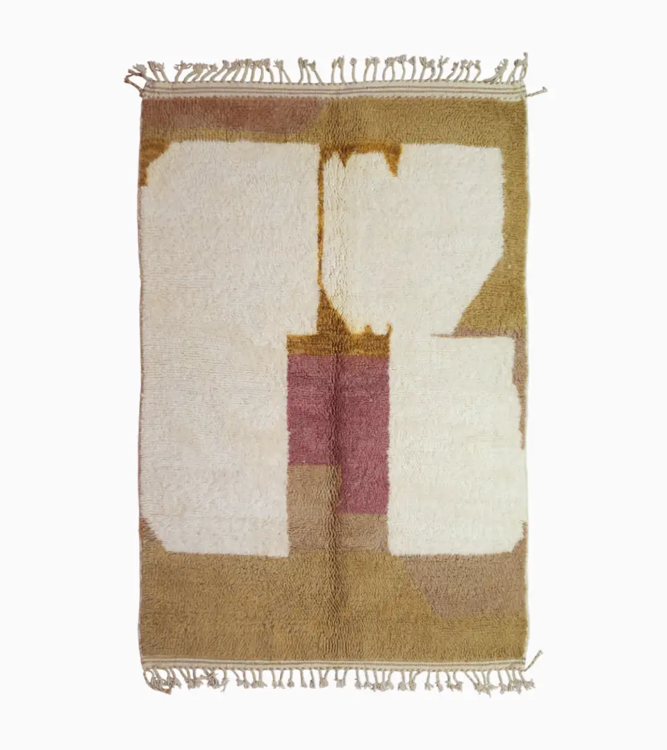 top view of Mauve Accent Abstract Moroccan Rug with camel, off-white, and mauve color blocks