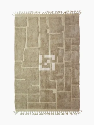 top view of Handmade Moroccan high/low pile rug with taupe geometric pattern