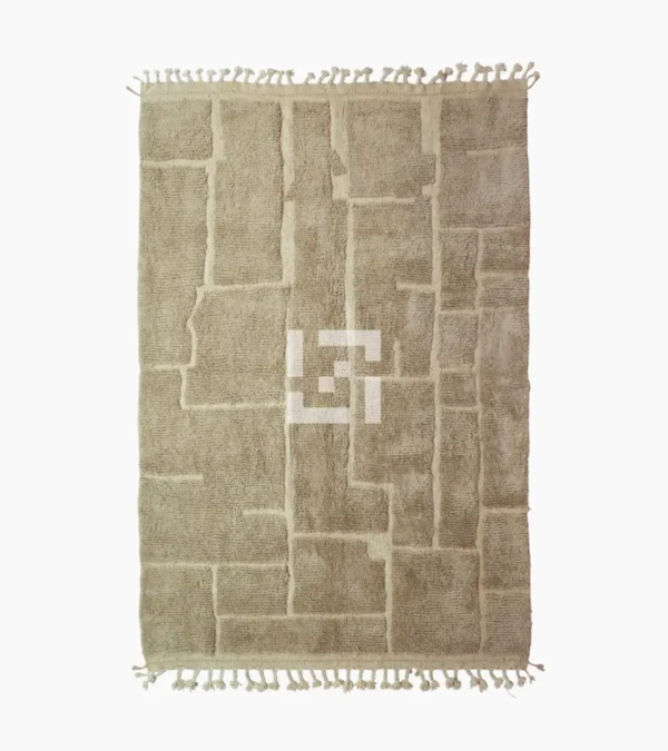 top view of Handmade Moroccan high/low pile rug with taupe geometric pattern