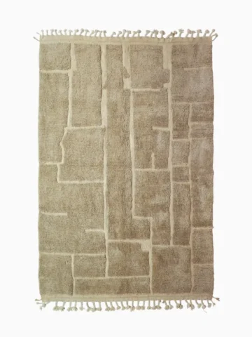 top view of Handmade Moroccan high/low pile rug with taupe geometric pattern