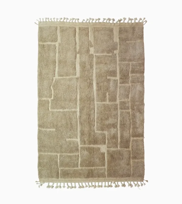 top view of Handmade Moroccan high/low pile rug with taupe geometric pattern