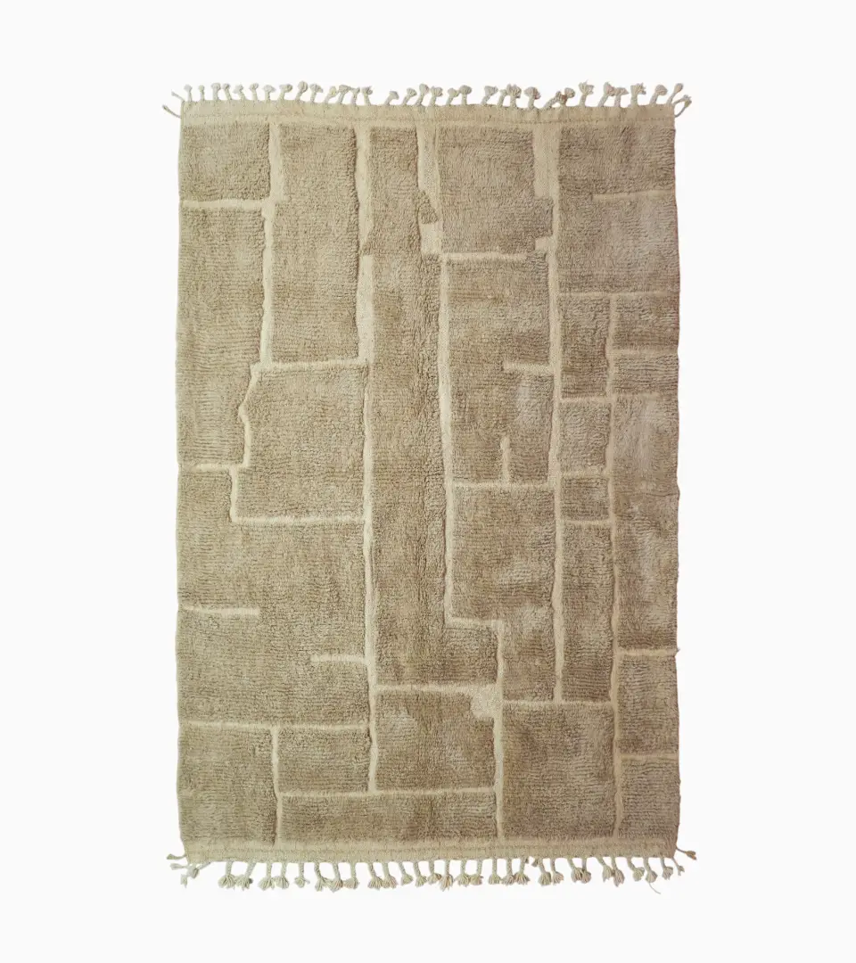 top view of Handmade Moroccan high/low pile rug with taupe geometric pattern