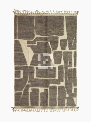 top view of Neutral modern geometric wool rug with muted brown and cream high-low pile design