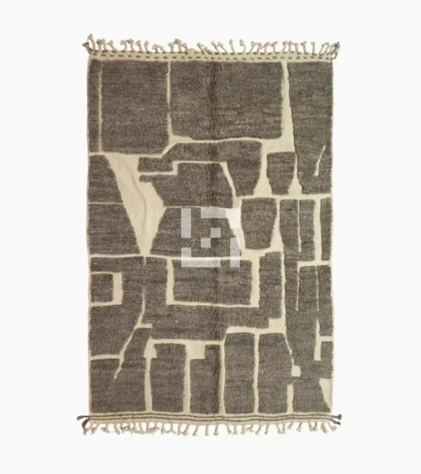 top view of Neutral modern geometric wool rug with muted brown and cream high-low pile design