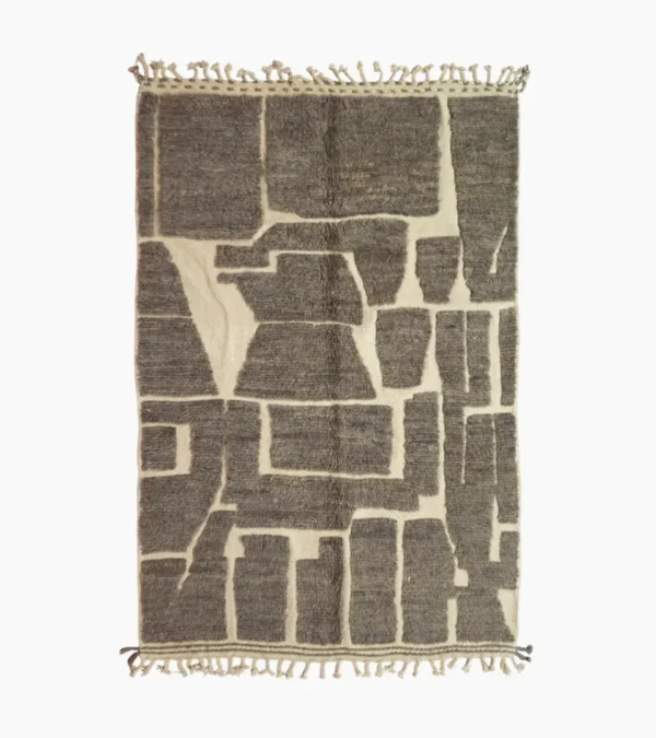 top view of Neutral modern geometric wool rug with muted brown and cream high-low pile design