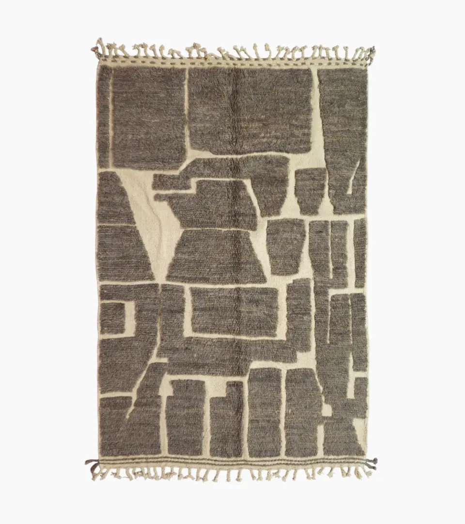 top view of Neutral modern geometric wool rug with muted brown and cream high-low pile design