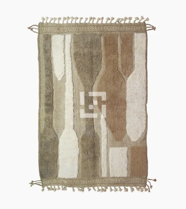 top view of Handcrafted Moroccan rug with sculpted high-low abstract neutral design and tassels