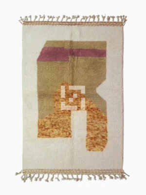 top view of Custom size Moroccan rug with tassels, rust and beige modern design