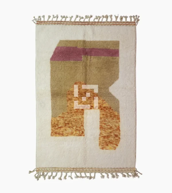 top view of Custom size Moroccan rug with tassels, rust and beige modern design