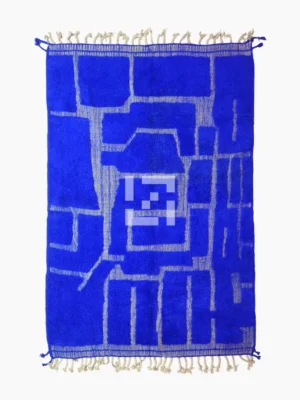 top view of Handmade Moroccan rug with bold blue base and sculpted geometric grid