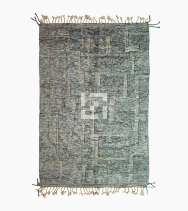 top view of Modern Moroccan rug in muted blue-gray tones with geometric design
