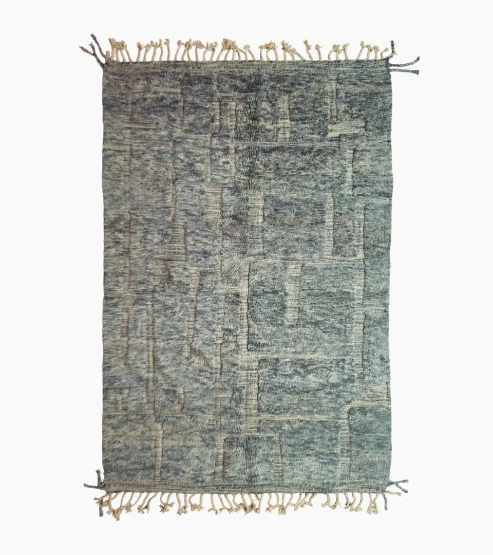 top view of Modern Moroccan rug in muted blue-gray tones with geometric design