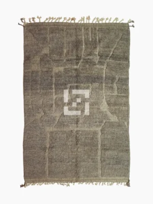 top view of Stone gray Moroccan rug with sculpted geometric grid pattern