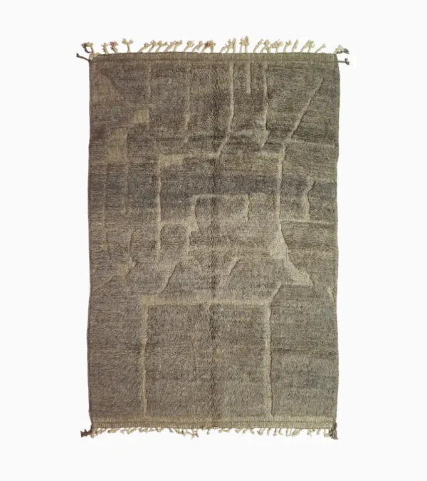top view of Stone gray Moroccan rug with sculpted geometric grid pattern