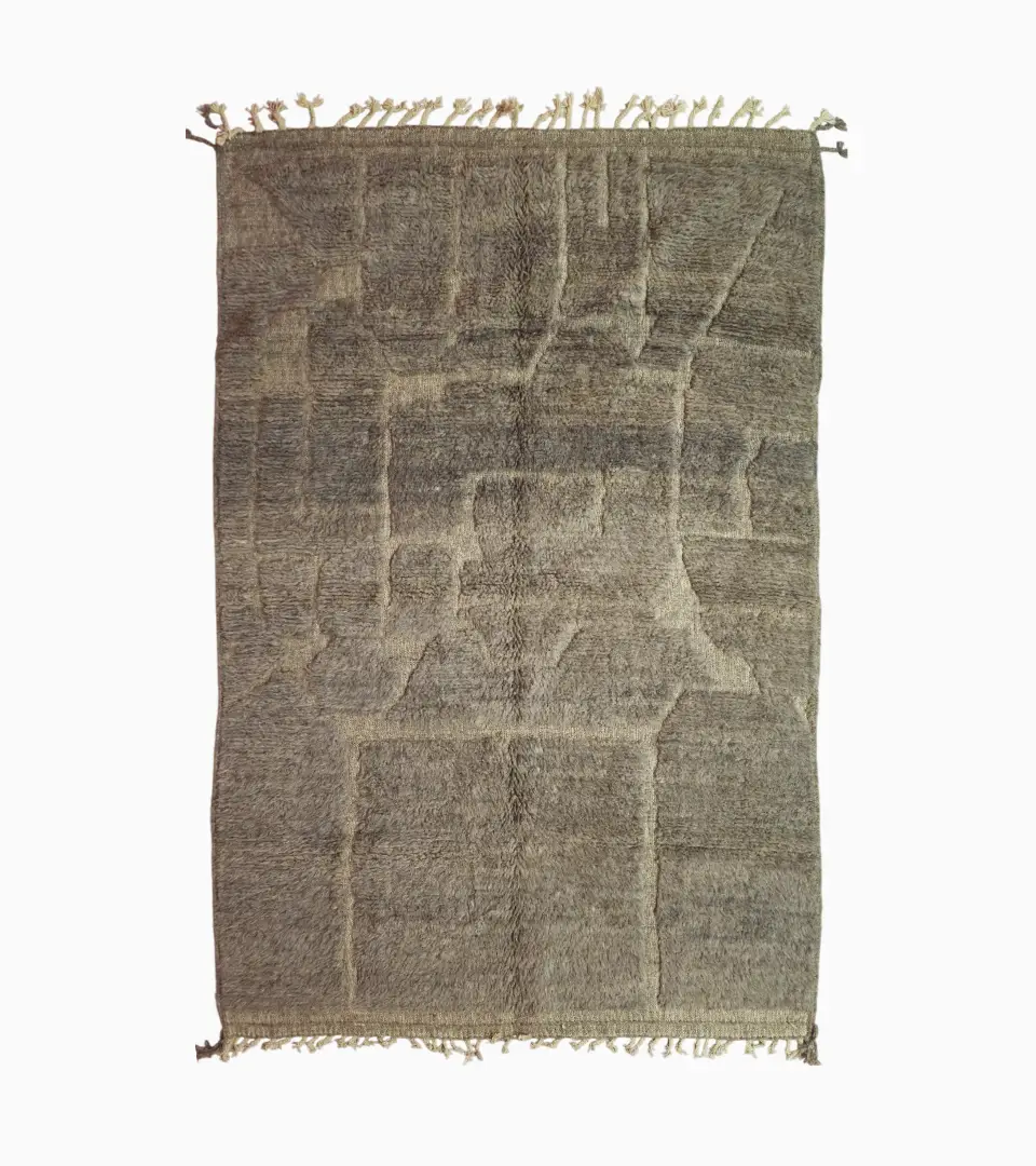 top view of Stone gray Moroccan rug with sculpted geometric grid pattern