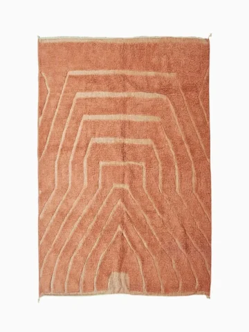 top view of Hand knotted Moroccan terracotta wool rug with high-low geometric pyramid design
