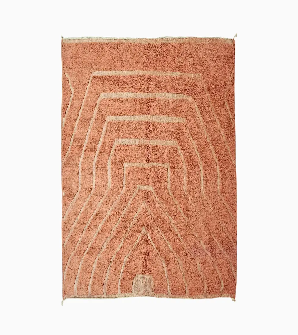top view of Hand knotted Moroccan terracotta wool rug with high-low geometric pyramid design