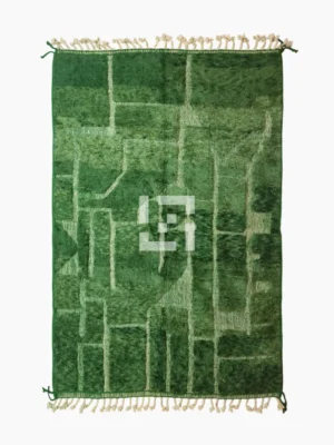 top view of Hand-knotted Moroccan wool rug with high-low geometric grid in green and off-white tones