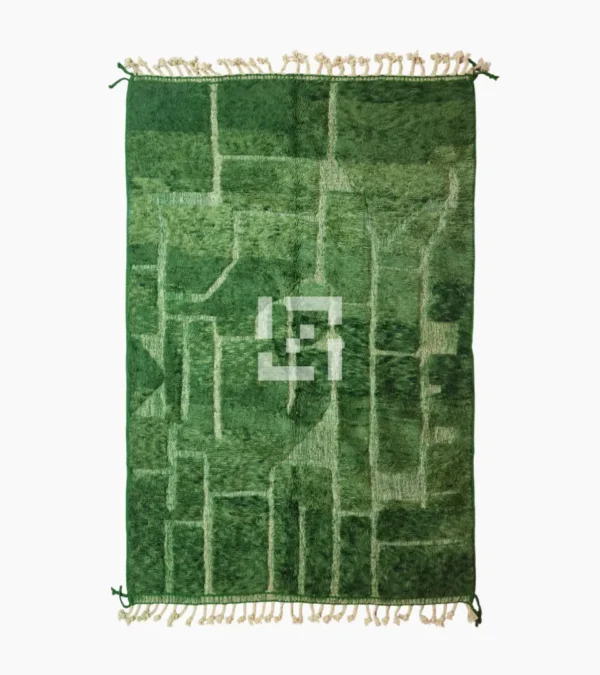 top view of Hand-knotted Moroccan wool rug with high-low geometric grid in green and off-white tones