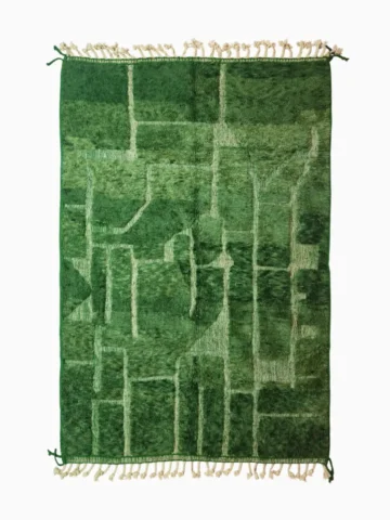 top view of Hand-knotted Moroccan wool rug with high-low geometric grid in green and off-white tones