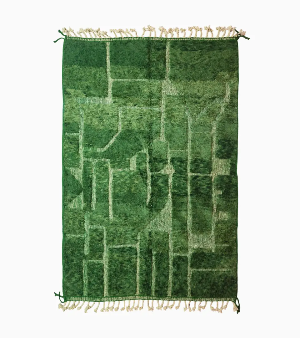 top view of Hand-knotted Moroccan wool rug with high-low geometric grid in green and off-white tones