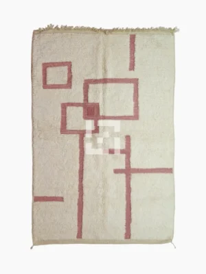 top view of Zola handmade Beni Ourain wool rug with a minimalist geometric design of pink lines and shapes on an ivory background