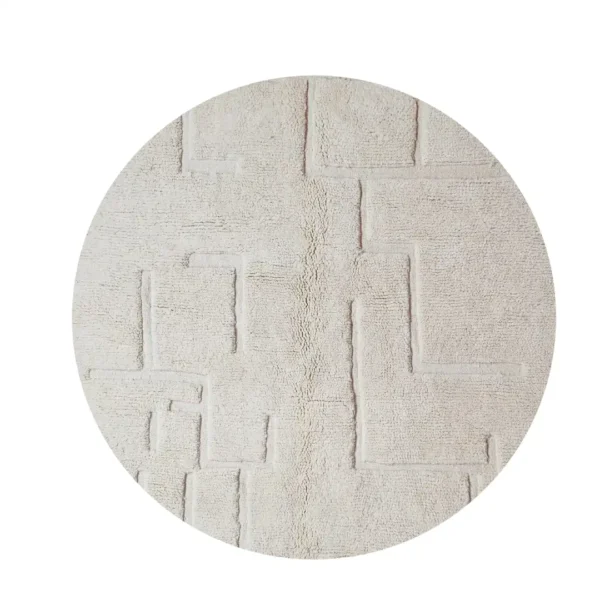 Top View of Moroccan hand-knotted ivory wool round rug with raised geometric pattern and tassels