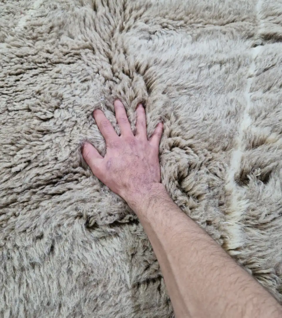 Neutral modern Moroccan wool rug greige ivory geometric