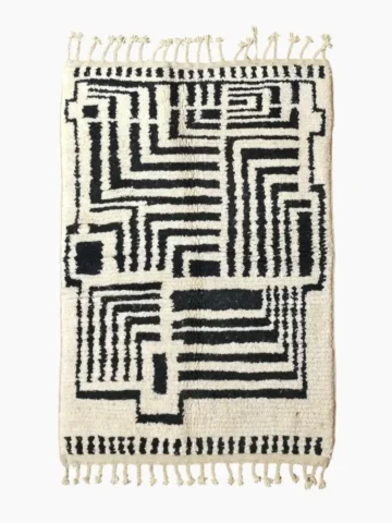 Hand knotted wool rug 4x6 black and white graphic