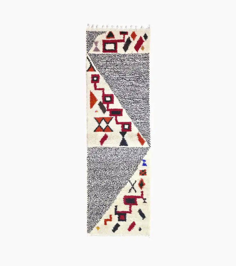 Hand knotted wool runner 3x9 ivory and black