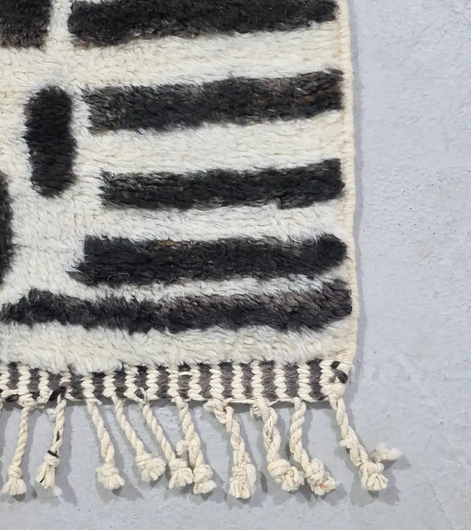 Black ivory Moroccan runner rug with modern graphic pattern