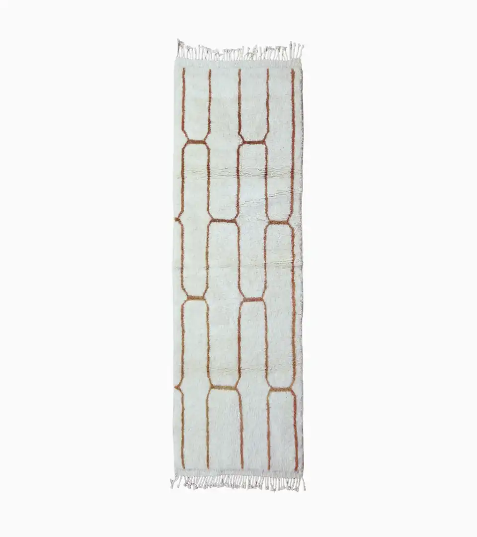Hand knotted Moroccan wool runner rug 3x8 ivory with orange lines