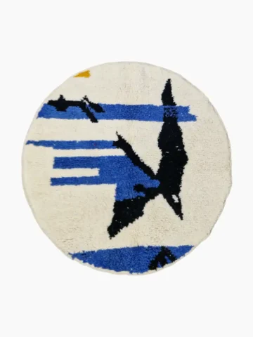 Round hand knotted Moroccan wool rug 4ft ivory blue black