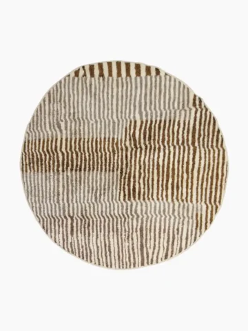 Hand knotted Moroccan round wool rug 7ft ivory taupe brown