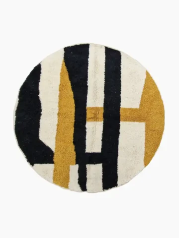 Hand knotted Moroccan wool round rug 6ft ivory black